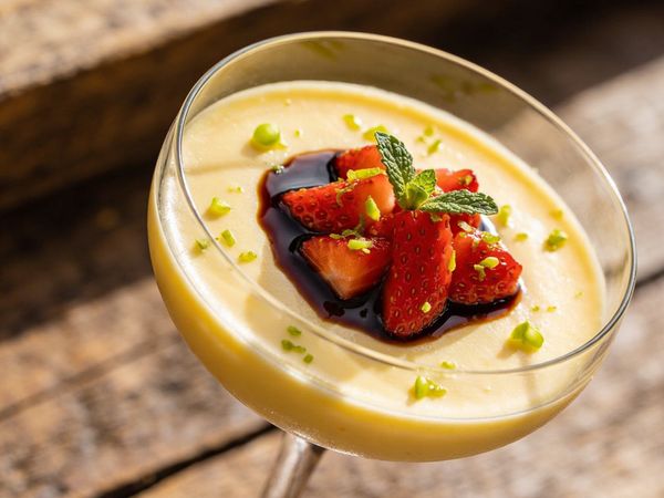 Sweet Corn Budino with Balsamic Lime Strawberries