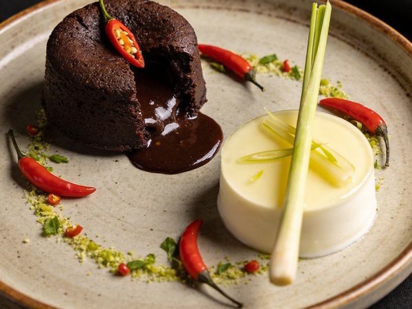 Thai Chili Molten Lava Cake with Lemongrass Panna Cotta