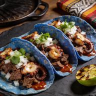 Smoked Brisket & Charred Octopus Blue Corn Tacos photo 1