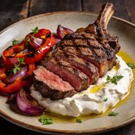 Hickory-Seared Ribeye with Whipped Feta & Charred Aegean Veggies photo 1