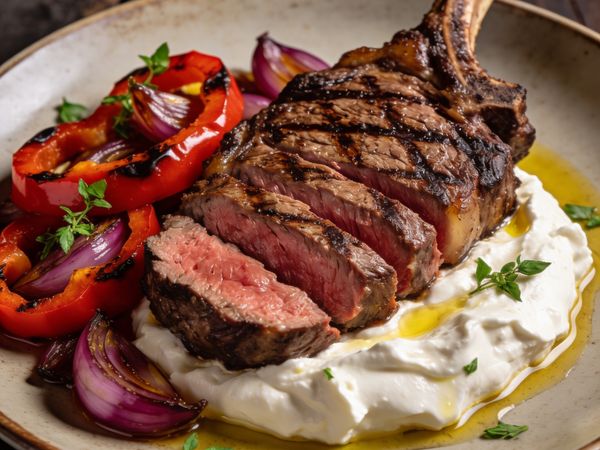 Hickory-Seared Ribeye with Whipped Feta & Charred Aegean Veggies