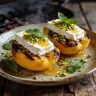Smoked Peaches with Manouri and Pistachio Honey photo 1