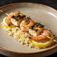 Smoky Charred Feta & Shrimp Skewers over Lemon Orzo photo 1
