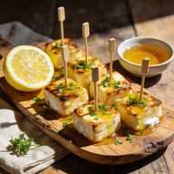 Golden Sear Halloumi Bites with Lemon-Honey Drizzle生产量 photo 1