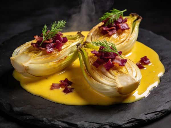 Blanched Fennel with Saffron Beurre Blanc & Smoked Pancetta Crumble