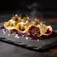 Smoked Brisket Agnolotti with Red Wine Reduction photo 1