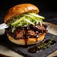 Smoked Pork Shoulder with Balsamic-Bourbon Reduction & Green Apple Slaw photo 1