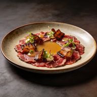 Post-Oak Smoked Wagyu Carpaccio with Warm Tallow Emulsion photo 1
