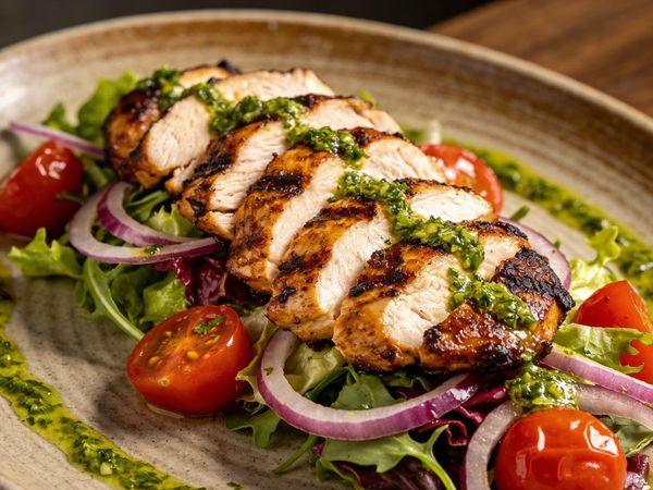 Pit-Smoked Chicken Thigh Lunch Salad with Herb Emulsion