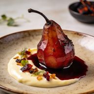 Hickory-Smoked Pears with Red Wine Reduction & Vanilla Crème Anglaise photo 1