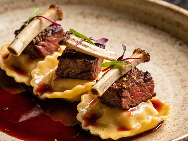 Smoked Short Rib Agnolotti with Bone Marrow Red Wine Reduction