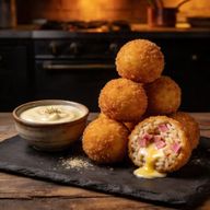 Croque Arancini Bites: Cold-Smoked Jambon de Bayonne and Gruyère Risotto Balls with Mornay Dip photo 1
