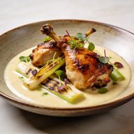 Smoked Chicken Thighs with Wood-Fired Leek Velouté photo 1