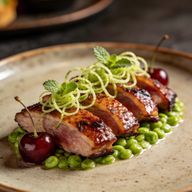 Cherry-Smoked Duck Magret with Minted Pea Silk photo 1