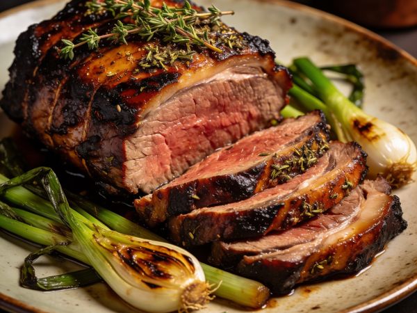Thyme-Rubbed Smoked Rump Roast with Charred Spring Onions
